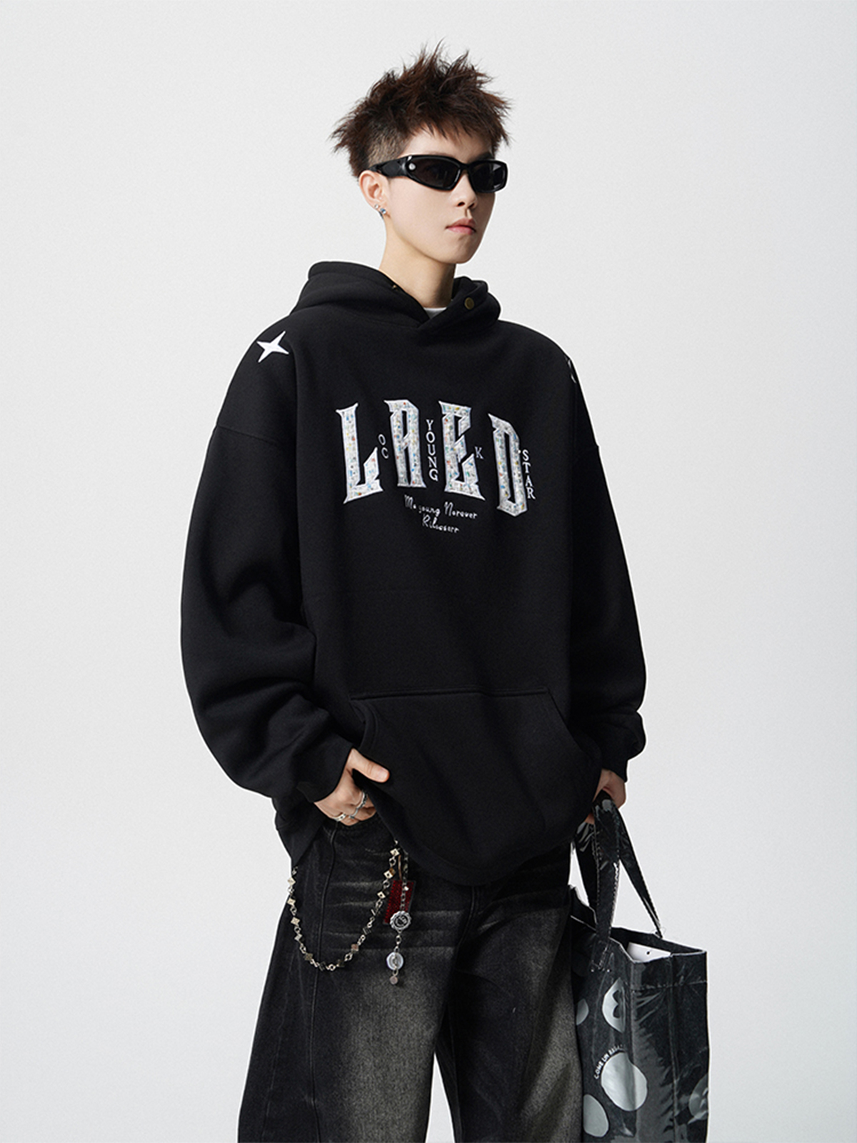 American Letter Embroidered Hoodie: Trendy Brand’s Autumn Loose Casual Plus – Size Heavyweight Black Sweatshirt