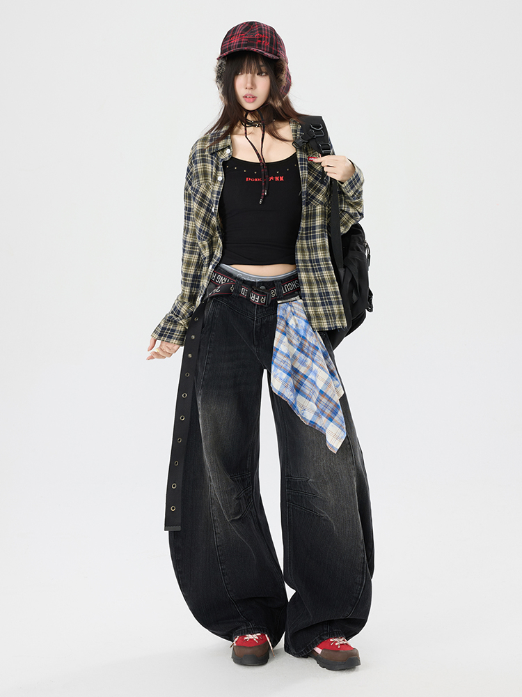 American Retro Wide – Leg Jeans: Early Autumn Mid – Waist with Removable Bandana, Loose BF Niche Banana Pants