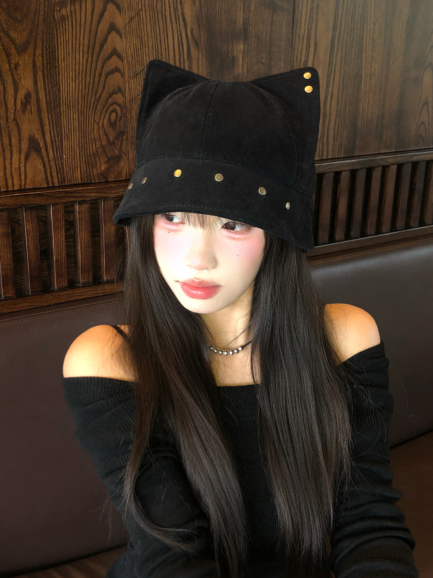 Cute 3D Cat Ear Rivet Fisherman Hat: Japanese – Style Versatile Large – Head – Circumference Hat That Makes Face Look Small