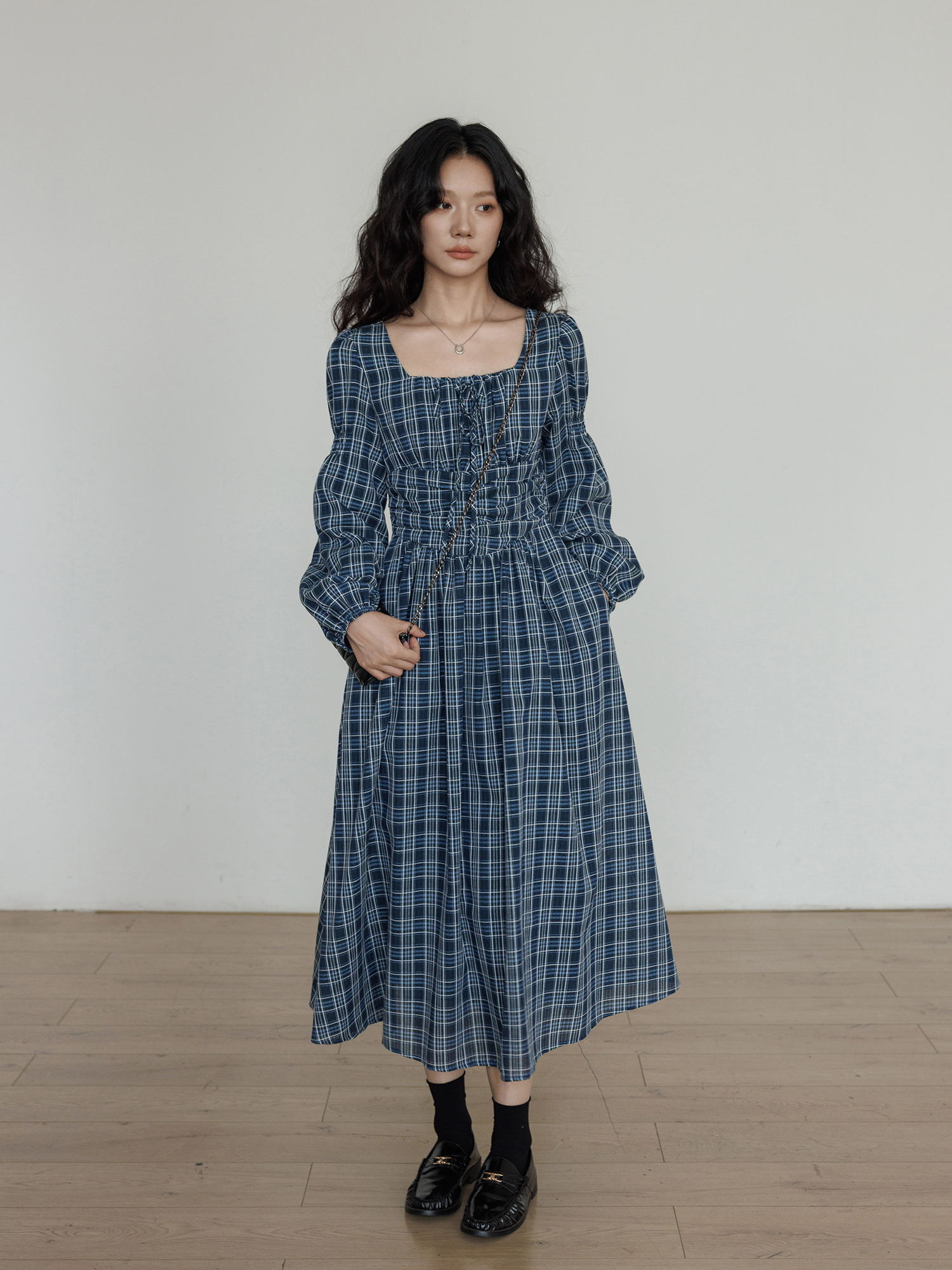 Autumn Square – Neck Plaid Long – Sleeve French Waist – Cinched Dress: New Retro Commute Casual Elegant Maxi Skirt