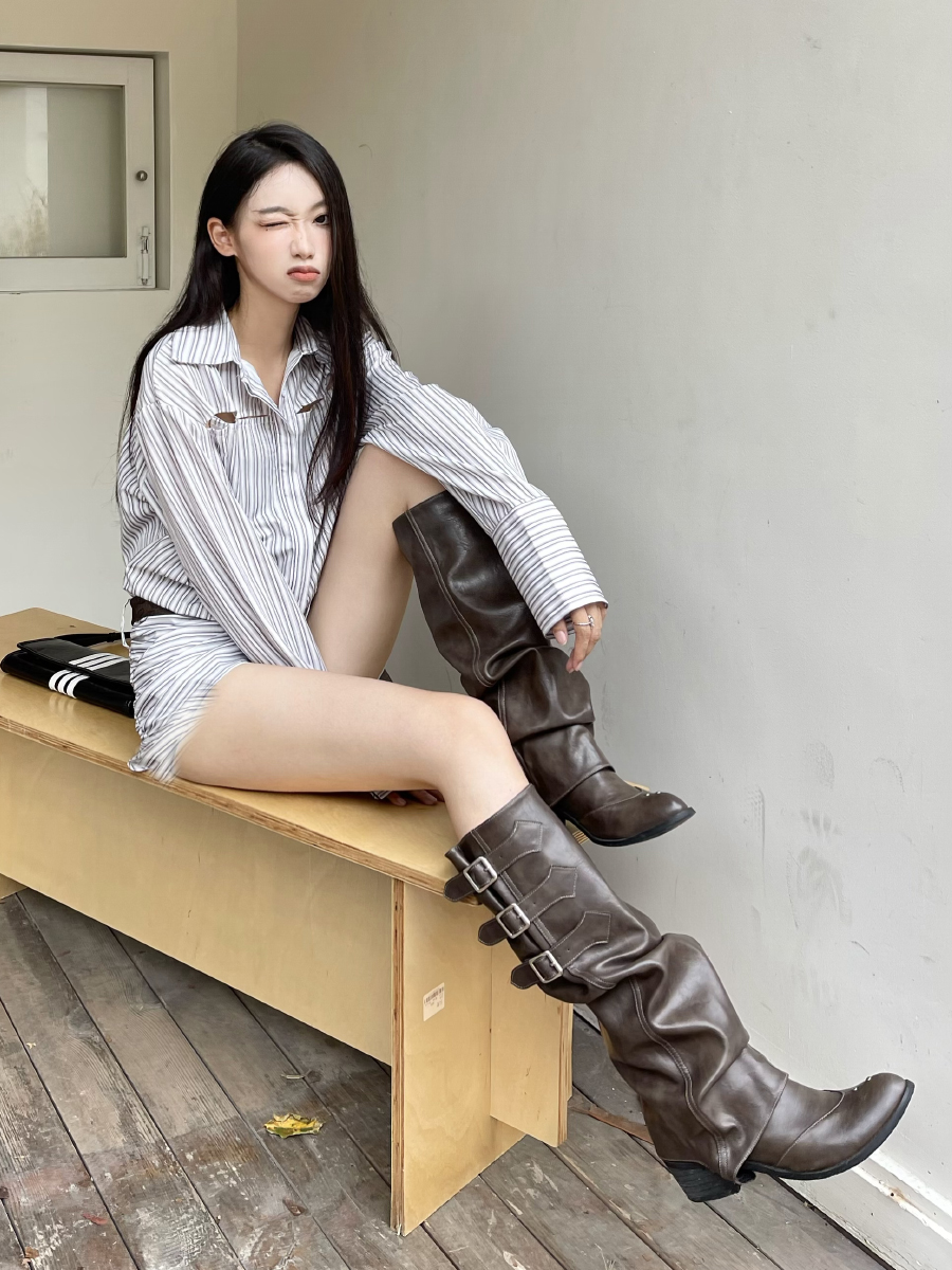 Mooreyu Women’s Brown Western Cowboy Boots: Slouchy Knee – High Knight Boots and Pointed Toe Tube Boots