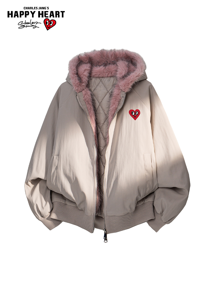 Charles Jang’s Happy Heart Winter Cotton Jacket: Cold – Proof, Thickened Hooded Streetwear for Couples